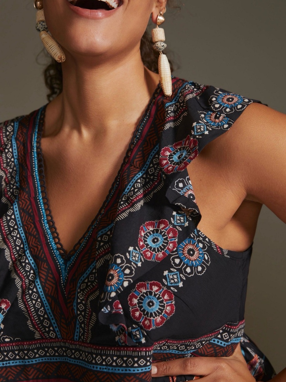 Anthropologie NWT XL Animal Print Boho Mini Dress Pockets Cheetah Birds Tassel - Picture 6 of 12
